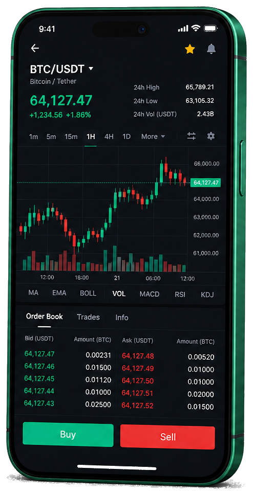 Plataforma Lucron ai para trading móvel — gráfico BTC/USDT em tempo real, livro de ordens e painel de operações